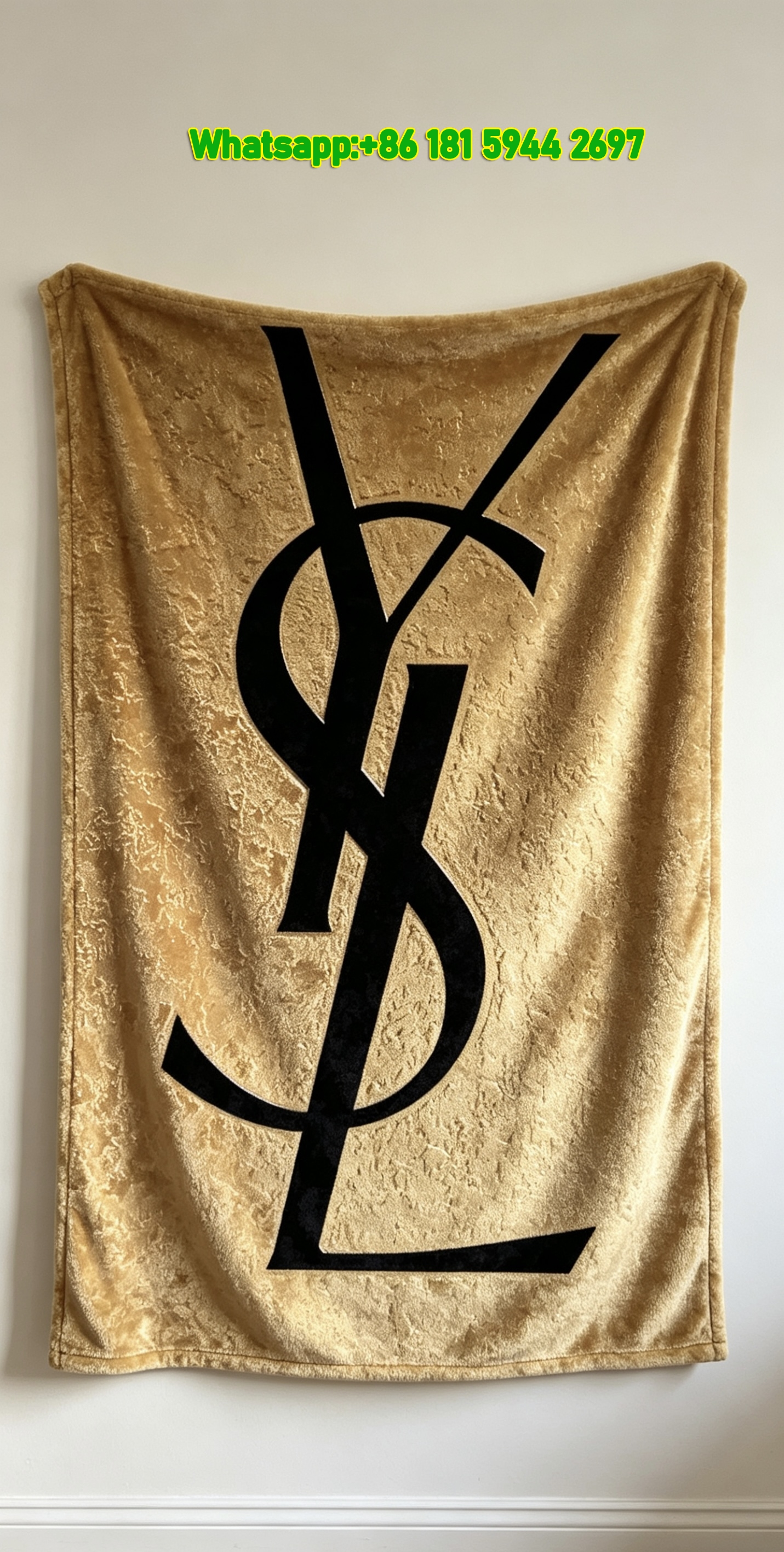 Yves Saint Laurent YSL Black Logo on Gold Background Printed Fleece Throw Blanket IMG_3204